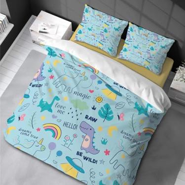 Imagem de Jogo de cama de dinossauro arco-íris colorido infantil capa de edredom estampa de desenho animado azul para meninos e meninas 220 x 240 cm -50 x 75 cm * 2