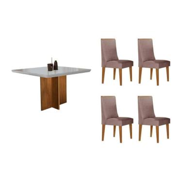 Imagem de Sala Jantar Mesa Berlim Tampo Curvo 90cm+4 Cadeiras Dakota Madeira Naturale - Capuccino/Linho Capuccino - Rufato