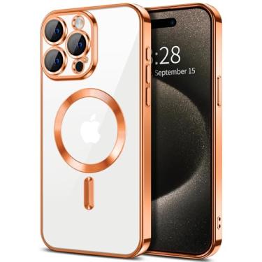 Imagem de Hython Capa magnética transparente para iPhone 15 Pro com protetor de lente de câmera [compatível com MagSafe] Capa protetora de TPU macio com borda de revestimento de luxo para iPhone 15 Pro 6,1