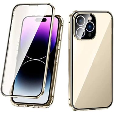 Imagem de TPUOTI Capa magnética para iPhone 14 Pro, capa de telefone de vidro temperado dupla face com protetor de câmera e trava de segurança, capa protetora completa 360 para iPhone 14 Pro 2022 (cor: ouro)