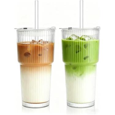 Imagem de Haundry Copo de vidro canelado de 590 ml com tampas e canudos, pacote com 2 xícaras de café gelado, conjunto de vidro espesso, copos de vidro com design ondulado para café, refrigerante, vitaminas