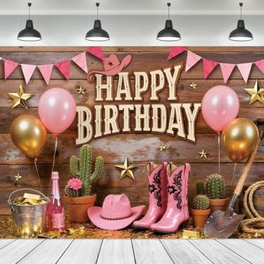 Imagem de Ufeela Pano de fundo de caubói ocidental feliz aniversário 17 x 14 cm de tecido poliéster rosa chapéu cacto estrelas douradas moedas do oeste selvagem de madeira rústica vaqueira fotografia fundo