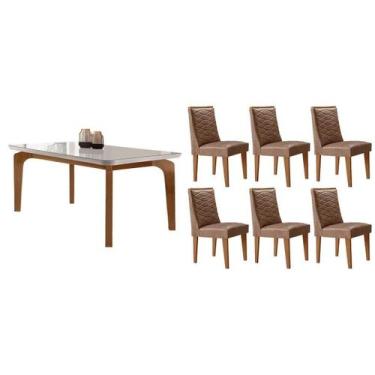 Imagem de Sala Jantar Mesa Londrina Tampo c/ Vidro Curvo 180cm+6 Cadeiras Dafne 