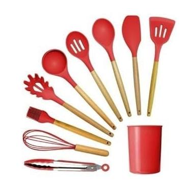 Imagem de Jogo de Cozinha Kit C/12 Pçs de Silicone Utensílios e Copo Suporte para Cozinha Cabo de Madeira Su(12 Peças-31.5CM-vermelho)