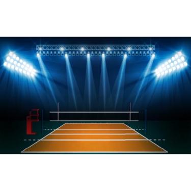 Imagem de Pano de fundo para quadra de voleibol, quadra de vôlei, quadra de vôlei, esportes, cenário fotográfico, estádio de vôlei com luzes brilhantes, decoração de mesa para bolo de festa de aniversário
