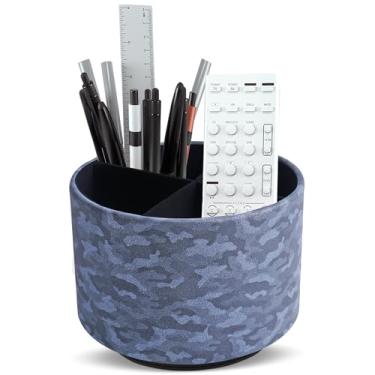 Imagem de QIELIZI Organizador de suprimentos de arte de couro redondo, suporte de controle remoto, rotação de 360 graus, suporte de lápis multifuncional, organizador de papelaria de mesa com 4 compartimentos (1