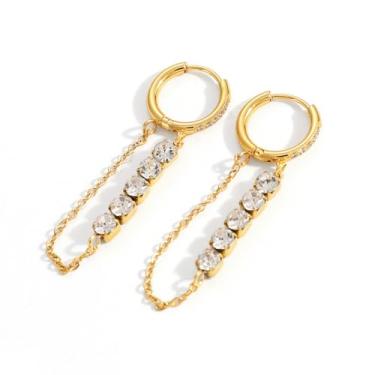 Imagem de Brincos pendentes de argola pequena de cristal CZ para mulheres cartilagem de aço inoxidável banhado a ouro 18 K redondo strass borla brinco de punho de argola de argola para BFF