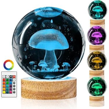 Imagem de JANARARY Luz noturna de cogumelo, lâmpada de bola de cristal 3D com 16 LEDs que mudam de cor e controle remoto, decoração de mesa exclusiva de 8,5 cm, presente para mulheres/homens/crianças, decoração