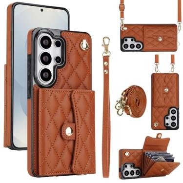Imagem de Capa para Samsung Galaxy S26 Ultra, capa carteira para celular com compartimentos para cartões e suporte, capa antiqueda com bloqueio de RFID, bolsa com pulso removível e alça longa para mulheres