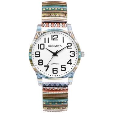 Imagem de OIDEA Relógios femininos de pulseira elástica: relógio de pulso analógico de quartzo com pulseira elástica boêmia, numerais arábicos, mostrador grande, fácil leitor, relógios casuais femininos, 15 cm