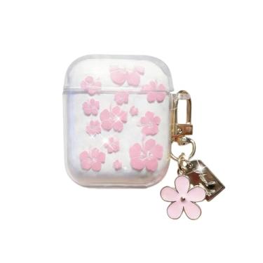 Imagem de Rertnocnf Capa compatível com AirPods 4 2024, capa com estampa floral rosa fofa, capa portátil de TPU macio com carregamento sem fio, protetor à prova de choque com chaveiro de flores