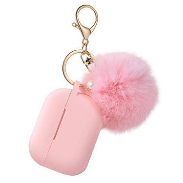 Imagem de Capa protetora para Airpods Pro Charging, capa de silicone para Air Pods atualizada com kit de chaveiro de pompom de bola fofa macia (A, rosa)