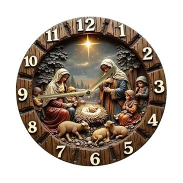 Imagem de Fenteer Relógio de madeira representando o nascimento de Jesus, relógio de parede com cena da Natividade, mecanismo silencioso, sem -taque, numerais, 30cm