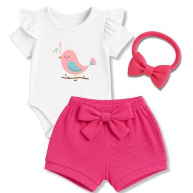 Imagem de Conjunto Bebê Menina Body Babado + Shortinho + Faixinha de Cabelo Kit 