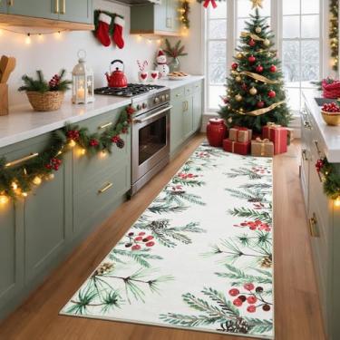 Imagem de GarveeHome Tapete de corredor de Natal 5 x 20 cm para corredores lavável na máquina tapete bege antiderrapante tapetes de folhas botânicas decorações de Natal para cozinha, cabeceira, banheiro, sala