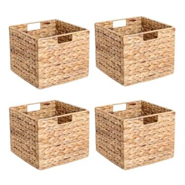 Imagem de Cesta grande de armazenamento de jacinto de água de 30,5 x 30,5 x 30,5 cm, cesta dobrável de vime para prateleiras, organização e armazenamento de cestas de despensa, cestas de armazenamento de