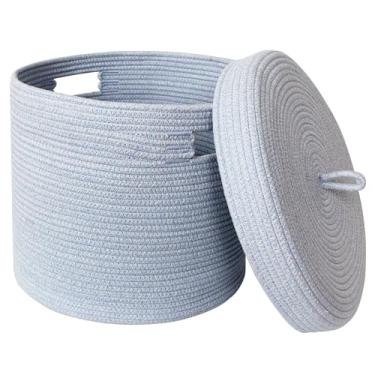 Imagem de WILLITAT Cesta de armazenamento com tampa, cobertor de armazenamento para sala de estar, cesto de corda de algodão macio com tampa, cesto de roupa de vime redondo com capa, caixa de brinquedos para