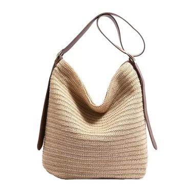 Imagem de FUYOTILY Bolsa de praia grande de palha, bolsa feminina tecida à mão com bolso com zíper - Bolsa de verão leve 2025 para viagens e trabalho, Estilo A cáqui, Large