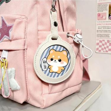 Imagem de Suporte de crachá de botão redondo, porta-crachá de bolsa de couro PU colorido, porta-chaves, estojo de exibição de botão transparente portátil, porta-chaves, capa de pingente de mochila à prova