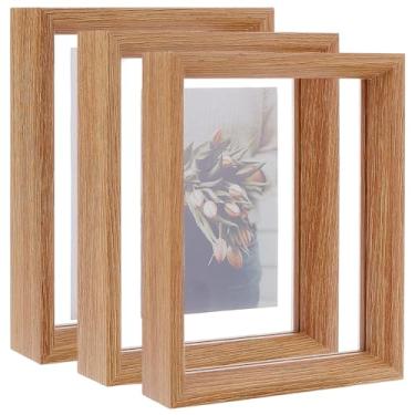 Imagem de GOMAKERER 3 porta-retratos flutuantes, moldura rústica de madeira com dois lados, 14 x 19 cm, moldura rústica para pendurar na parede ou na mesa