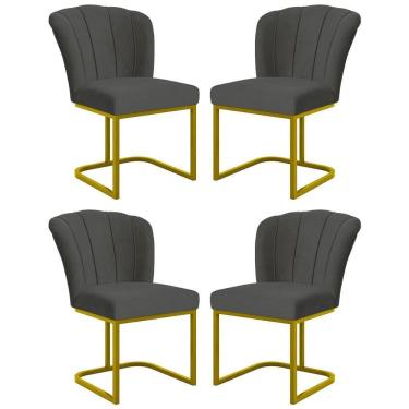 Imagem de Kit 4 Cadeiras Jantar Flor Mesa Cozinha Reforçada Base Metal Dourada Cinza