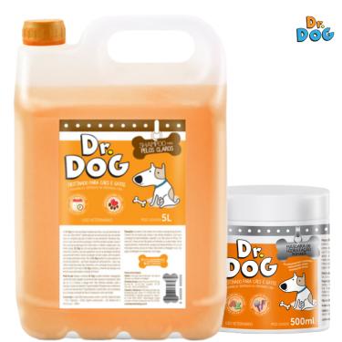 Imagem de Kit Shampoo Clareador Branqueador pet Dr Dog 5Litros e mascara desmaio  de pelos 500ml
