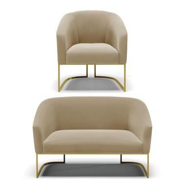 Imagem de Namoradeira E Poltrona Base Industrial Dourado Stella Suede D03 - D'rossi Cor Marrom Rato