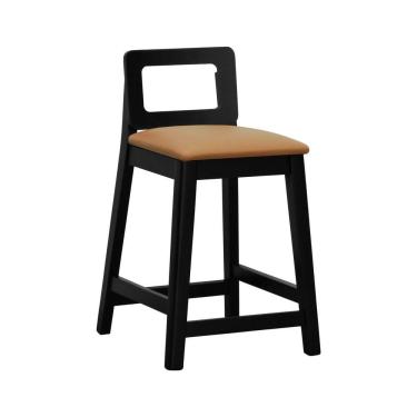 Imagem de Banqueta Média River Madeira Maciça - Preto Assento Estofado Corano Caramelo