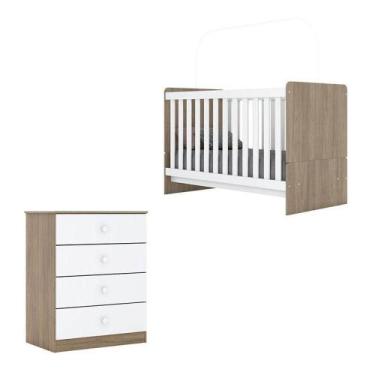 Imagem de Berço Nacional E Cômoda Infantil Labirinto Rústico Branco Brilho - Hen