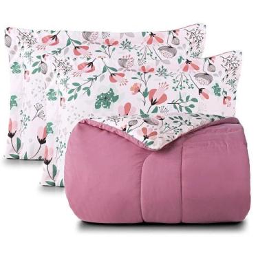 Imagem de Kit Edredom Celi Super King Dupla Face 200 Fios Floral Rosa - Casa Sca