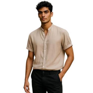 Imagem de Camisa Social Masculina com Gola Padre Manga Curta - Mitchelgutto, Beg