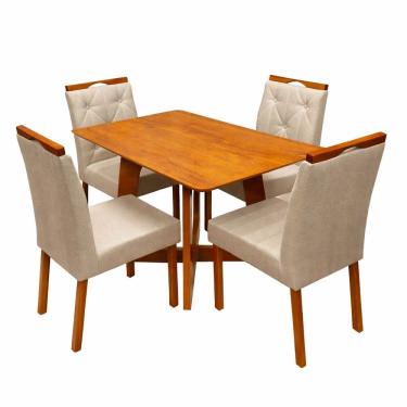 Imagem de Mesa de Jantar Dubai Flex 120x80cm Sem Vidro e 4 Cadeiras Jasmim em Linho Estofadas Cel Móveis Cor Cinamomo Off White com Tecido Bege