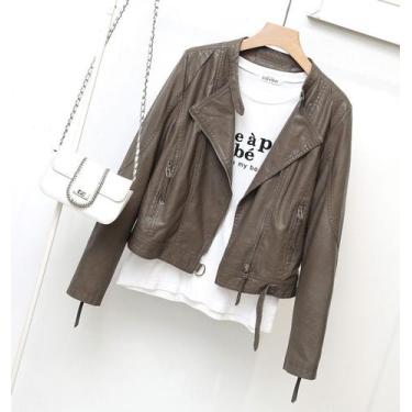 Imagem de Jaqueta de couro Simple Stand Collar PU Leather Coffee S - Omkarsy Off