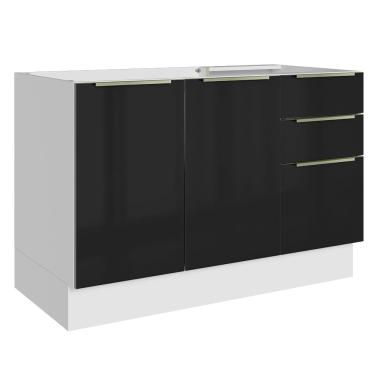 Imagem de Balcão Gabinete de Pia 120 cm 2 Portas 3 Gavetas (Sem Tampo) Branco/Preto Lux Madesa