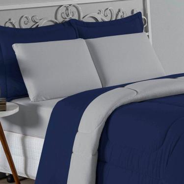 Imagem de Kit Edredom Dupla Face + Jogo De Lençol Solteiro Nobre 4 Peças Malha 100% Algodão - Azul-marinho / Cinza