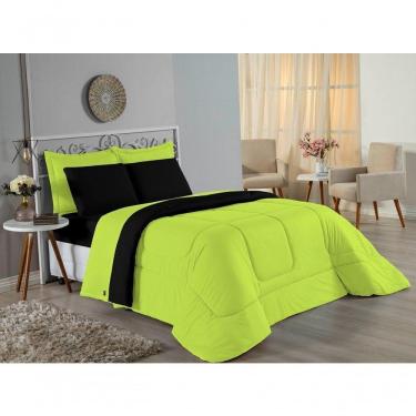 Imagem de Kit Edredom Dupla Face + Jogo De Lençol Queen Nobre 6 Peças Malha 100% Algodão - Pistache / Preto