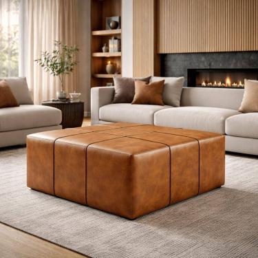 Imagem de Puff Quadrado Vermont 70x70 Couro Sintético Jambo Caramelo  Para Sala Closet