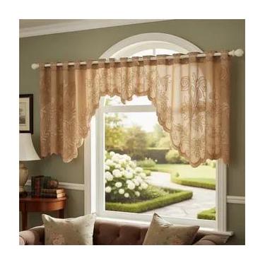 Imagem de Cortina Bando Renda Cascata Cozinha Floral Capuccino2,95x1 - Beija Flo