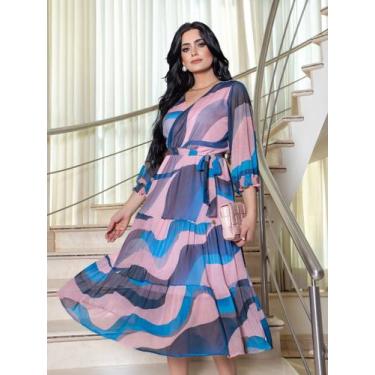 Imagem de Vestido midi elegante em tule manga 7/8 moda evangelica cor:azultamanh