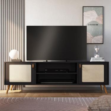 Imagem de Rack Viena Com Pés De Madeira Tela Natural e Couro 180cm