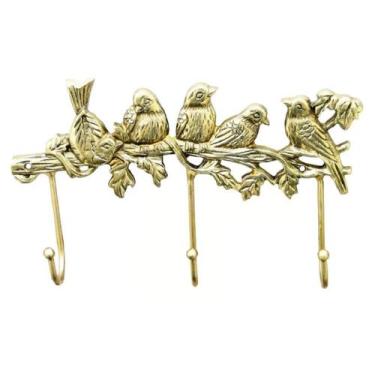 Imagem de Porta Chaves 5 Passarinhos Bronze Amarelo Cabide 3 Ganchos - Wilmil