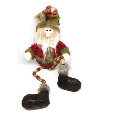 Imagem de Papai Noel Pelúcia Sentado Rústico Perna Miçanga Madeira 46cm - Master Christmas