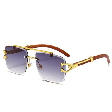 Imagem de Óculos de sol quadrado sem aro com impressão em madeira retrô feminino designer de luxo dourado decoração leão óculos de sol masculino tons oculus, cinza, um