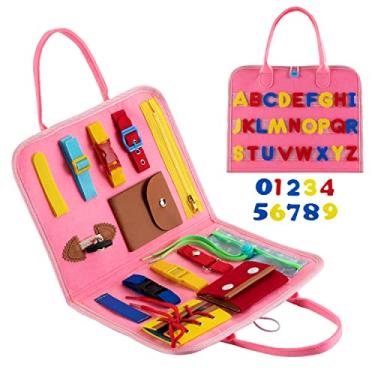 Imagem de Vefungyan Placa ocupada para crianças, placa de atividades sensoriais Montessori para aprendizagem em pré-escola, brinquedos educativos para meninos e meninas de 1, 2, 3 e 4 anos (mochila rosa)