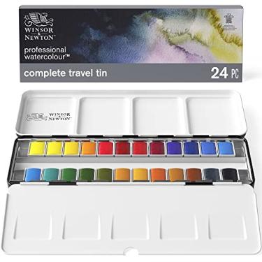 Imagem de Winsor & Newton Conjunto profissional de tinta aquarela, caixa de metal leve, 24 meias formas