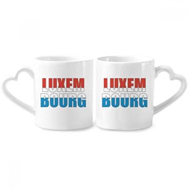 Imagem de Conjunto de canecas de porcelana para casais com nome de bandeira do país de Luxemburgo com alça de coração de cerâmica