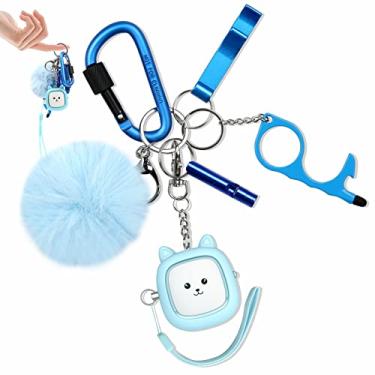 Imagem de Kit de chaveiros para meninas com alarme de segurança pessoal, acessórios de chaveiro Funseeya com sirene de segurança de som pessoal, pompom fofo, clipe de mosquetão de bloqueio e apito