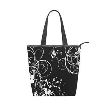 Imagem de ALAZA Bolsa de ombro de lona com flores e espirais preto e branco