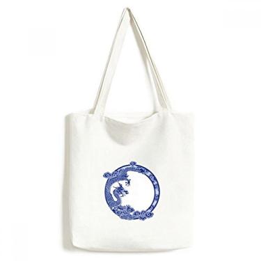 Imagem de Bolsa sacola de lona com dragão azul da cultura chinesa bolsa de compras casual