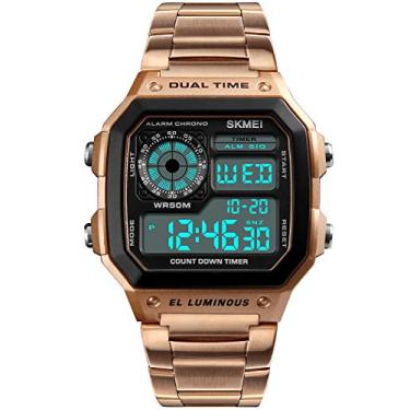 Imagem de PASOY Relógio masculino digital multifuncional com alarme de tempo duplo, cronômetro, contagem regressiva, luz de fundo, relógio à prova d'água, Ouro rosa, Medium, Tendência